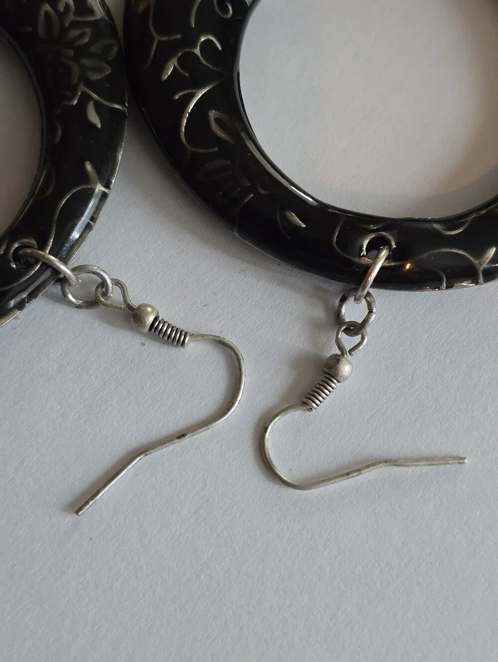 Big earrings dangle hoops circles floral hook earwires dadk grey black silver to
